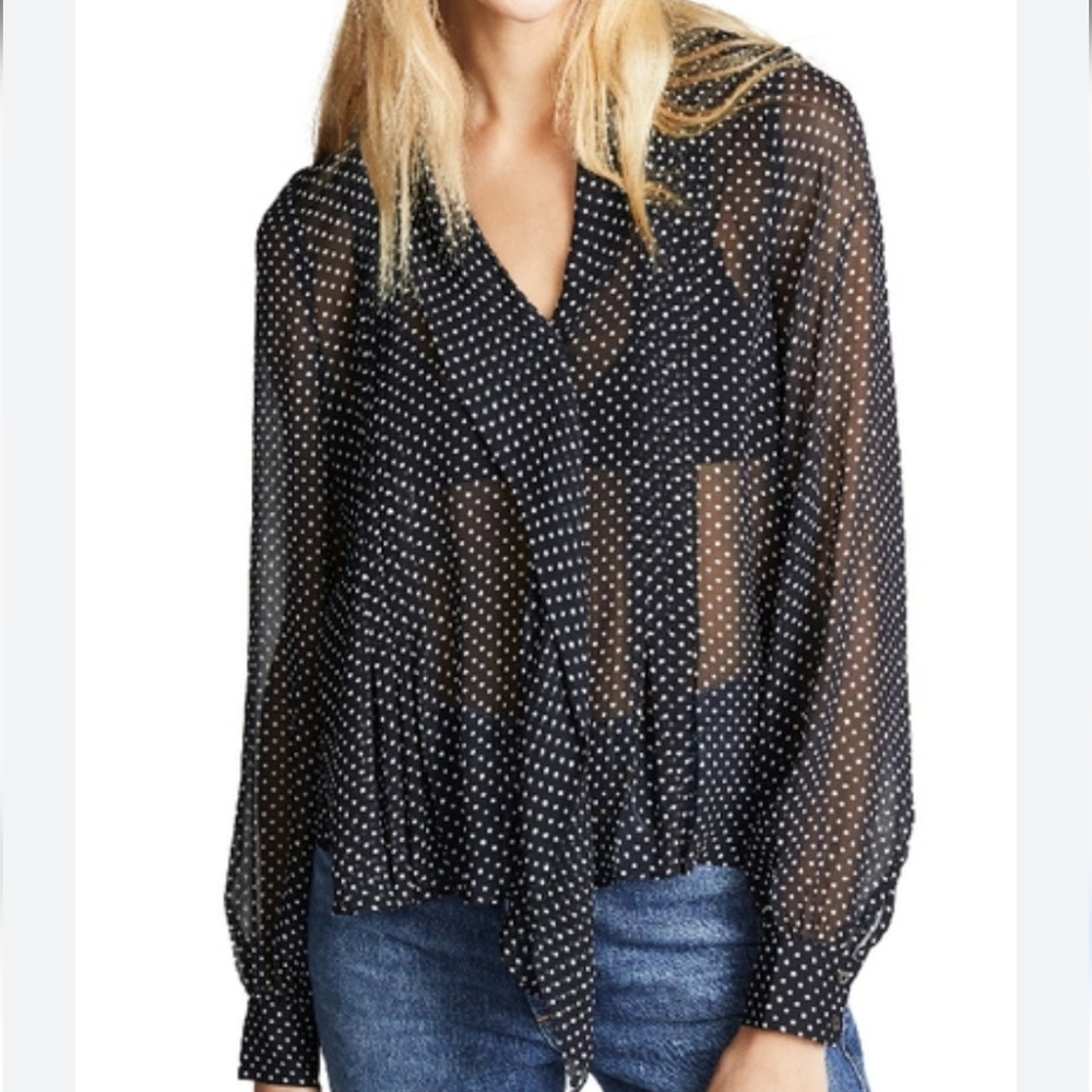 Joie Dowa black white polka dot asymmetric ruffle 100% silk long sleeve blouse